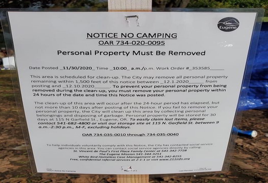 The City of Eugene has posted notice to disperse about 100 unhoused persons throughout the community during freezing temperatures and record COVID infections.