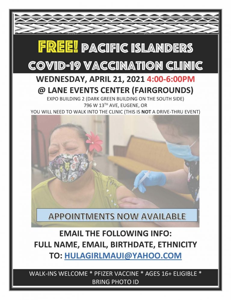 Free COVID-19 vaccination clinic Weds from 4 p.m. to 6 p.m. for our Asian, Desi, and Pacific Islander community members.