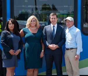General Manager Aurora Jackson and Board President Caitlin Vargas welcomed Transportation Secretary Pete Buttigieg and Rep. DeFazio to Eugene on July 14. AJ announced her resignation at the LTD board meeting Wednesday.