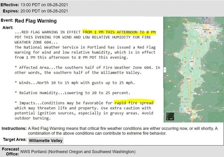 A red flag fire weather warning has been issued for Saturday afternoon, Aug. 28, 2021 for the southern Willamette Valley.