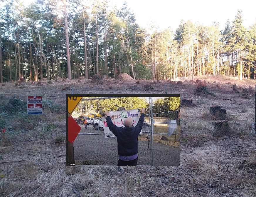 Ken Rothman (inset) removes a protest sign as EWEB was allowed to proceed with the East 40th Water Storage Project.