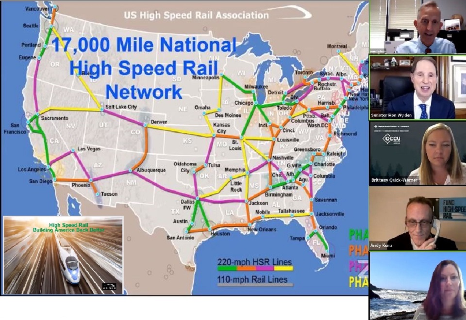 Sen. Ron Wyden joined Brittany Quick-Warner and high-speed rail advocates for a Eugene Chamber "Committed to Community" session.