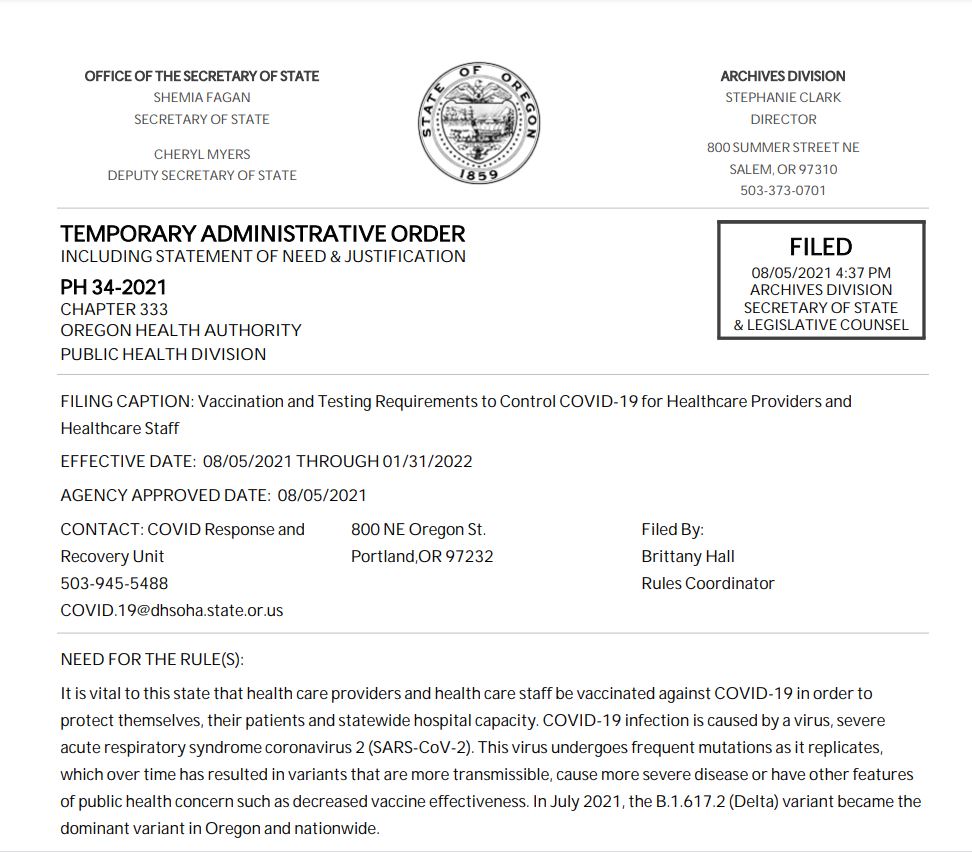 Staff at health care facilities are included in the new rule; fines will start Sept. 30, 2021.