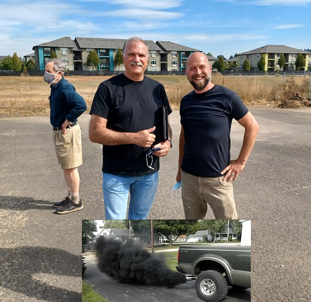 Randy Groves and Pastor Gabe chat during an open house at Everyone Village. Inset: Unhoused persons are often targets of "rolling smokeouts," here captured by Bent Spoke Outreach.