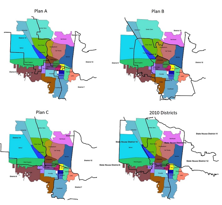 University-area neighborhoods through Friendly, Amazon, and Southeast would be divided under redistricting Plan A. The first hearing for area residents saw solid opposition to Plan A, and requests to adopt Plans B or C.