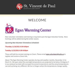 Zoom trainings for Egan volunteers are coming up Nov. 18 and Nov. 23.
